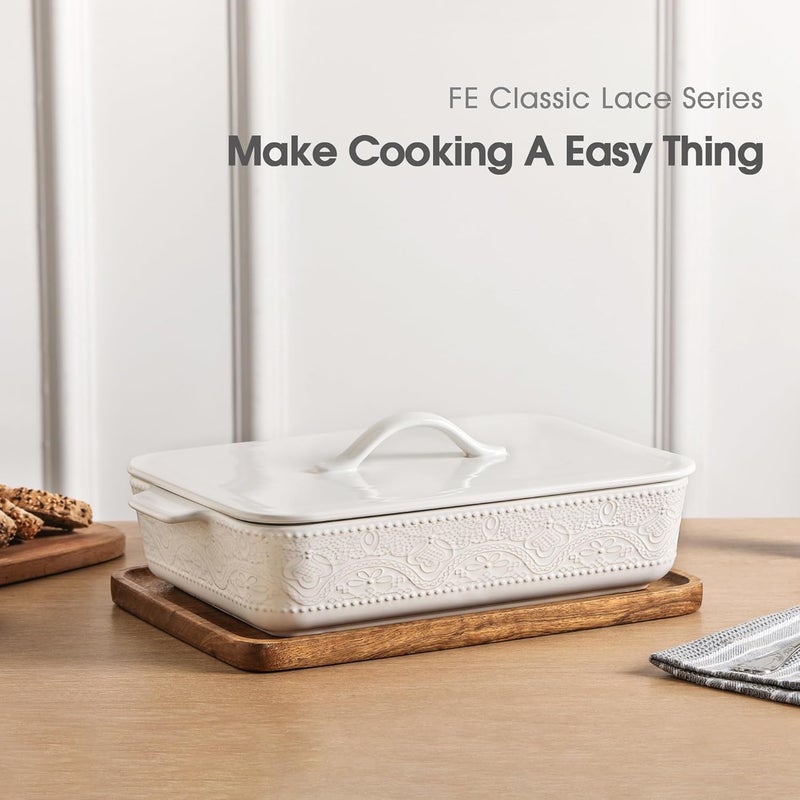 FE FUN ELEMENTS Casserole Dish with Lid, Ceramic 9x13 Casserole Dish for Oven, Rectangular Bakeware, Large Baking Dish with Handles for Holiday Cooking, Roasting, Baking, Oven & Microwave Safe (White) - Image 3